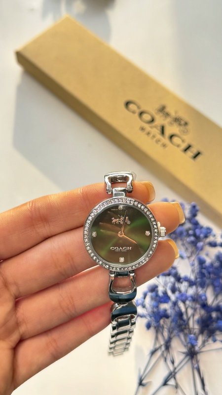 ساعة - Coach/ شكل دائري - شامل علبة الشركة  فضي / اخضر